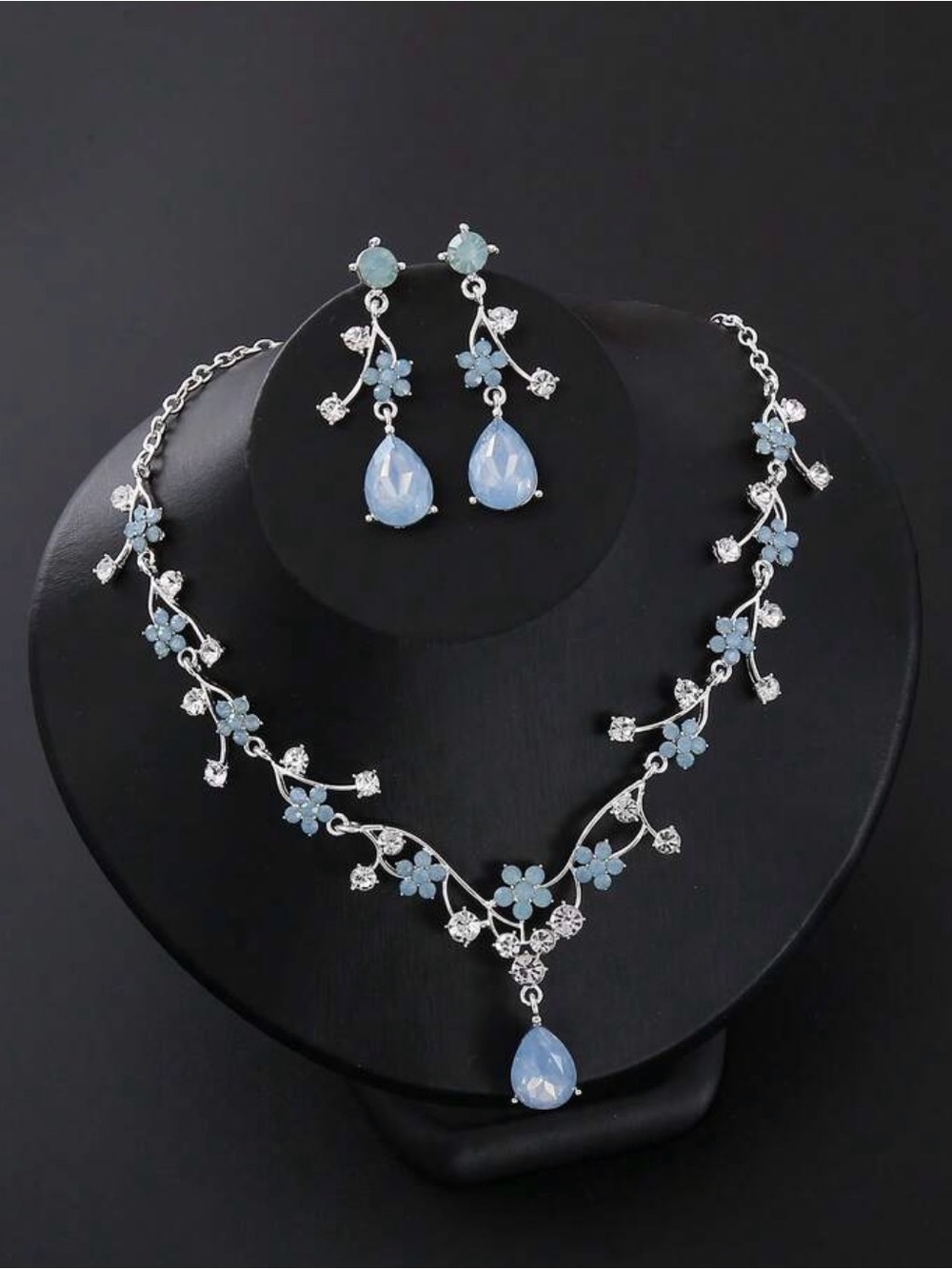 Sky-Blue Floral Teardrop Necklace and Drop Earrings Set